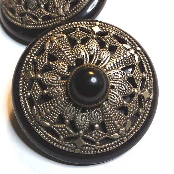 2 BAKELITE BLACK SILVER BUTTONS 1 3/4" - Picture 3 of 3
